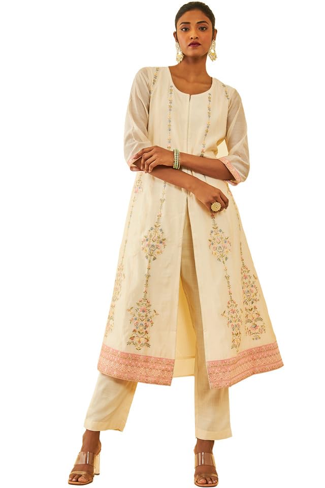 Soch Womens Cream Chanderi Floral Embroidered Suit Set with Zari