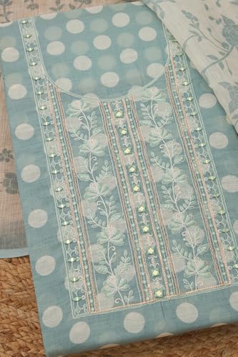 Soch Womens Turquoise Blue Linen Blend Polka Dot Unstitch Dress Material With Mirror Work