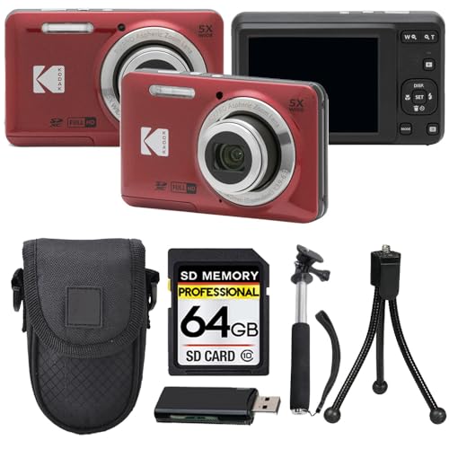 Kodak PIXPRO FZ55 Digital Camera, 16MP Compact Point & Shoot, 5X Optical Zoom, 28mm Wide Angle Lens, 1080P HD Video, Red + 64GB SD Card, Case, Selfie Stick, Mini Tripod & USB Card Reader