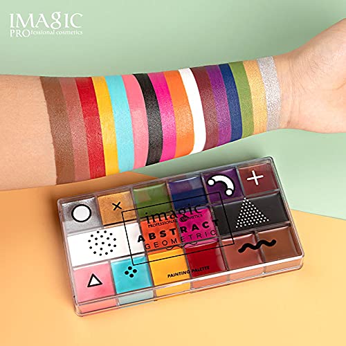 Beauty World Imagic Abstract Geometric 16 Color Face Paint Palette designed with a plastic transparent case. With safety ingredients, oil-based formula, creamy texture, and 16 pigmented and vibrant colors