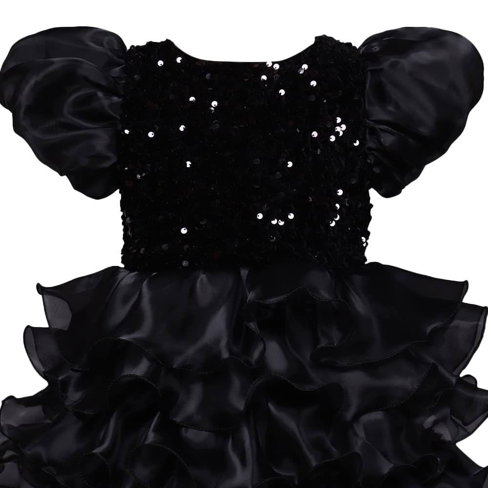 Hopscotch Girls Polyester and Viscose Puff Sleeve Sequin Embellished Party Dress in Black Color For Ages 4-5 Years (SRS-4068982)