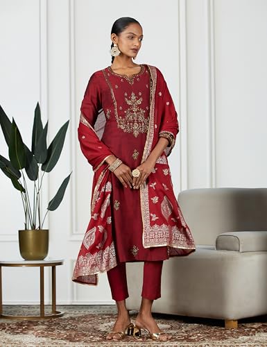 BIBA WOMEN SOLID; EMBROIDRED NARROW SALWAR KURTA DUPATTA(SKD7185_MAROON_42)