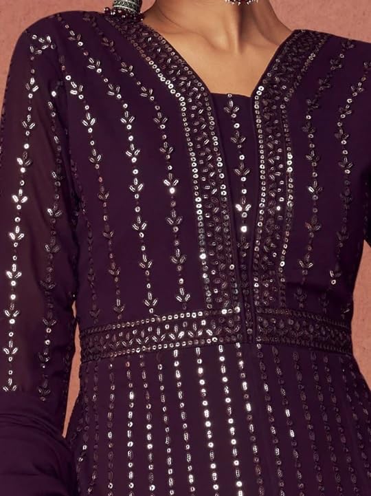 Miss Ethnik Women's Faux Georgette Full Sleeve Stitched Embroidered Floor Length Purple Anarkali Maxi Gown with Dupatta (ME-1106-Purple-L)