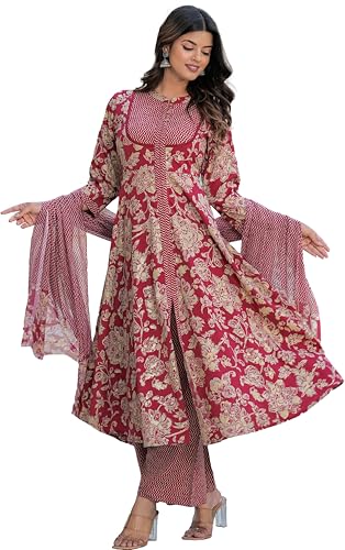 Yash Gallery Women's Polyester Calf Length Regular Fitted 3/4th Sleeve Floral Printed Anarkali Kurta with Zig-Zag Printed Pant & Dupatta (Maroon, 7XL)