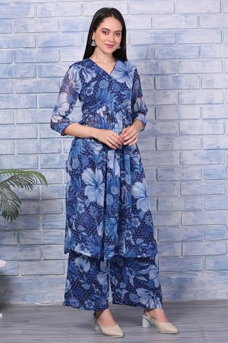 W for Woman Blue Floral Printed Lace Chiffon Straight Kurta, Parallel Pants and Dupatta Set (Size: 3XL)-WS13055-126479