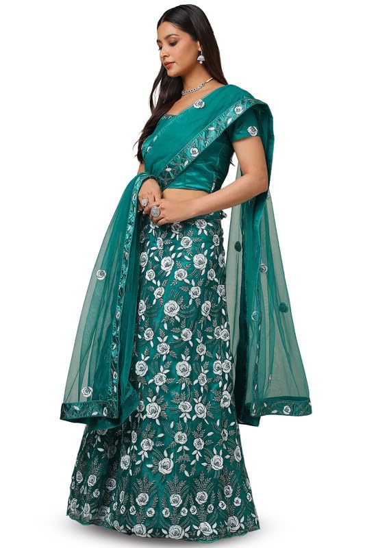 Soch Womens Teal Net Embellished Unstitch Ghagra Choli With Sequins