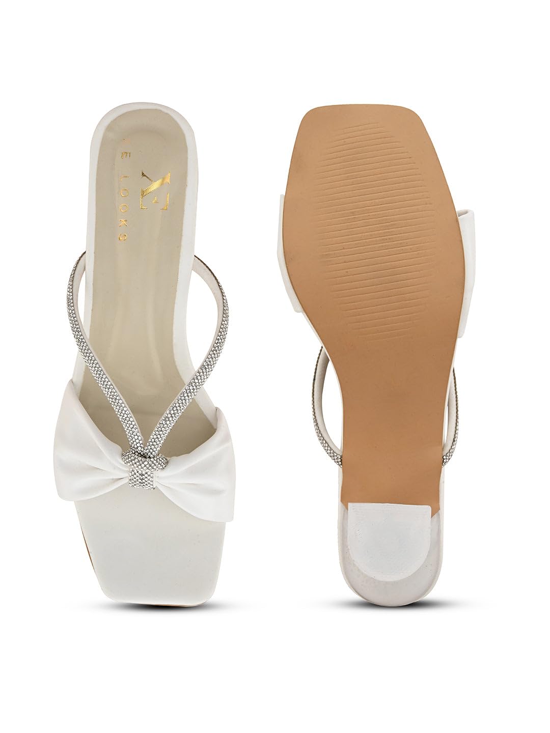 XE Looks Women's White Elegant Knot Bow Slip-On Sandals | Crystal Embellished Straps with Clear Heels | Rhinestone Strap With Transparent Block Heels For Girls & Women