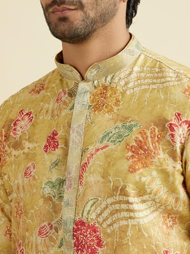 Manyavar Men's Floral Print & Stone Embellished Kurta Pyjama Set (Mustard,XL)