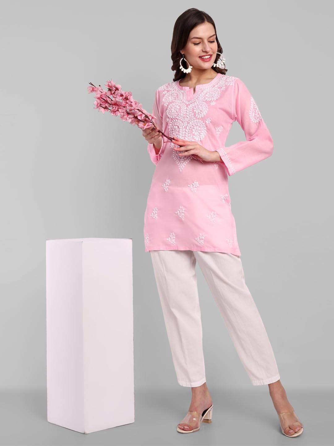 Ada Hand Embroidered Lucknowi Chikankari Cotton Straight Short Top Kurti for Women A911345 Powder Pink (4XL)