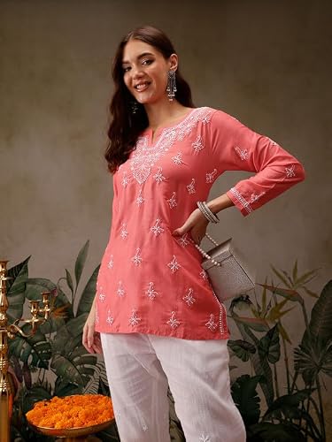 Ada Hand Embroidered Lucknowi Chikankari Muslin Short Kurti Top Tunic for Women A911435 Dark Peach (6XL)