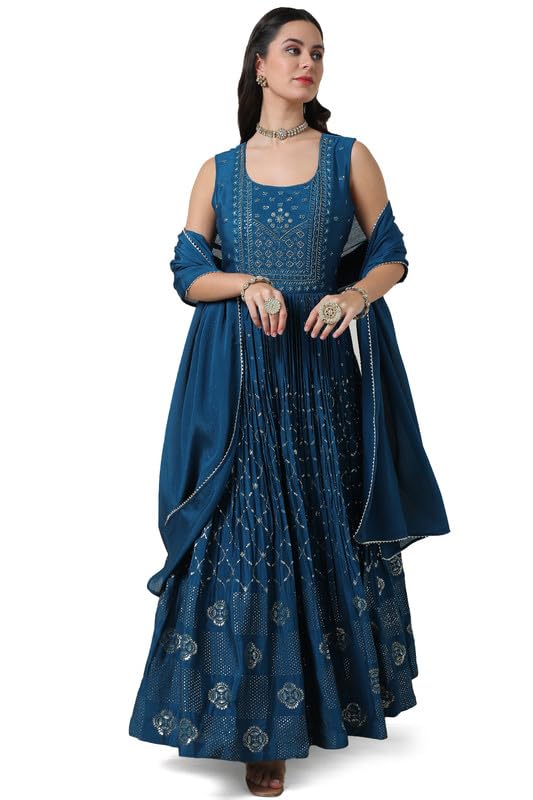 Soch Womens Teal Chinon Blend Embellished U Neck Gown with Sequins