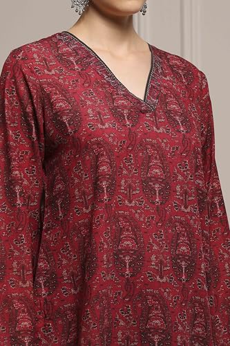 Biba Women Maroon Black Polyester Straight Printed Kurta_40