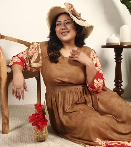 DEEBACO Women's Plus Size Floral Placement Print Rayon Ankle Length Smocked A-Line Dress|3/4 Sleeve|Casual Trending Stylish Long One Piece Dresses Women Western(DBDRP00002318_3XL_Brown)