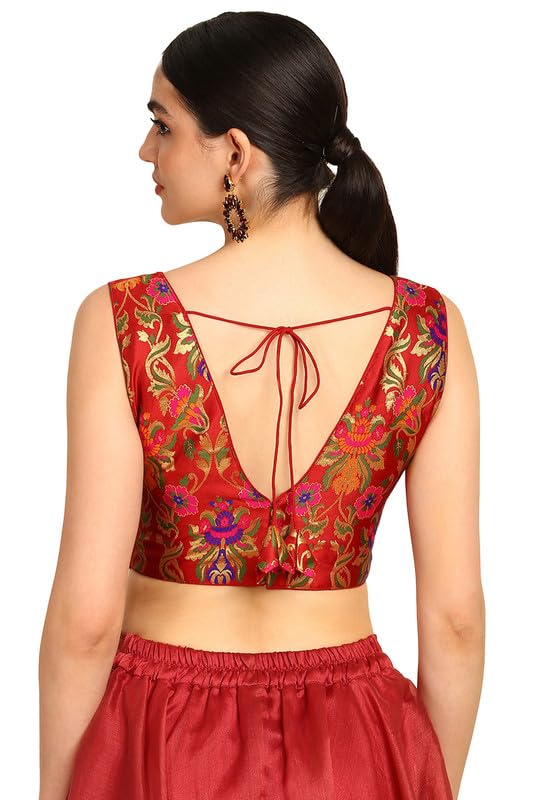 Soch Womens Maroon Floral Plunge Neck Silk Blend Padded Blouse