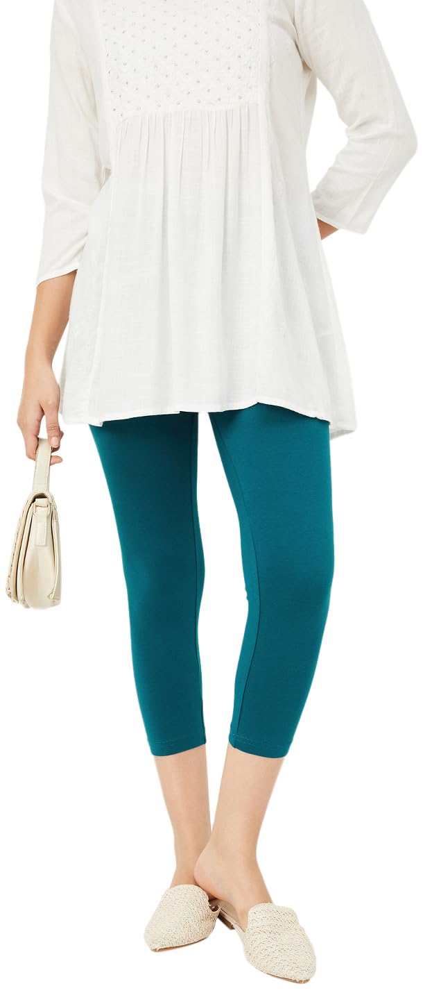 Max Women Solid Calf Length Leggings, Teal, S
