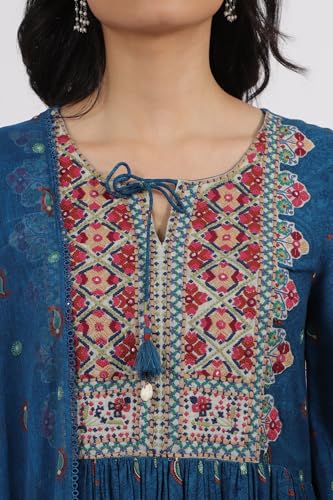 W for Woman Teal Blue Embroidered Yoke Gathered Rayon Kurta, Straight Pants and Dupatta Set (Size: S)-WS12183-124706