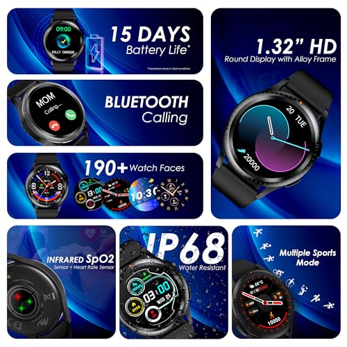 Itel 1GS 1.32" HD IPS Superbright Display Smartwatch with Bluetooth Calling, Metal Alloy Dial, 15 Days Battery Life, IP68 Water Resistant, SpO2 and Heart Rate Monitoring, 190+ Watch Faces (Black)