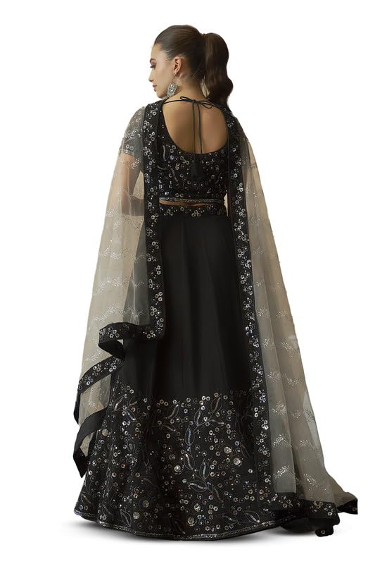 Soch Womens Black Georgette Botanical Pattern Sequin Embellished Unstitched Lehenga Set
