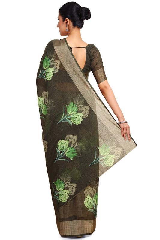 Soch Womens Green Linen Floral Print Saree