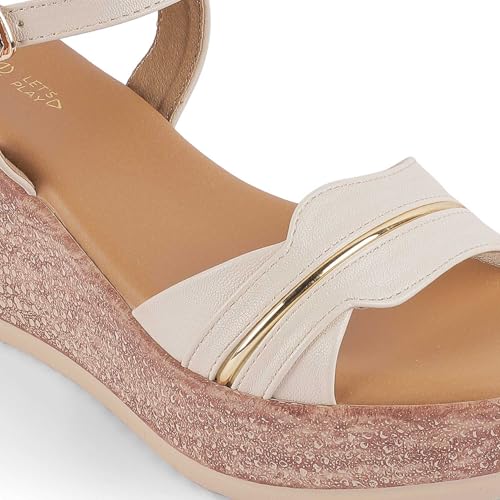 tresmode SANET Women's Wedges Sandals Platform Heels Cream, 5 UK / 38 EU - Round Open Toe Comfortable Soft Footwear - Vegan Friendly Durable