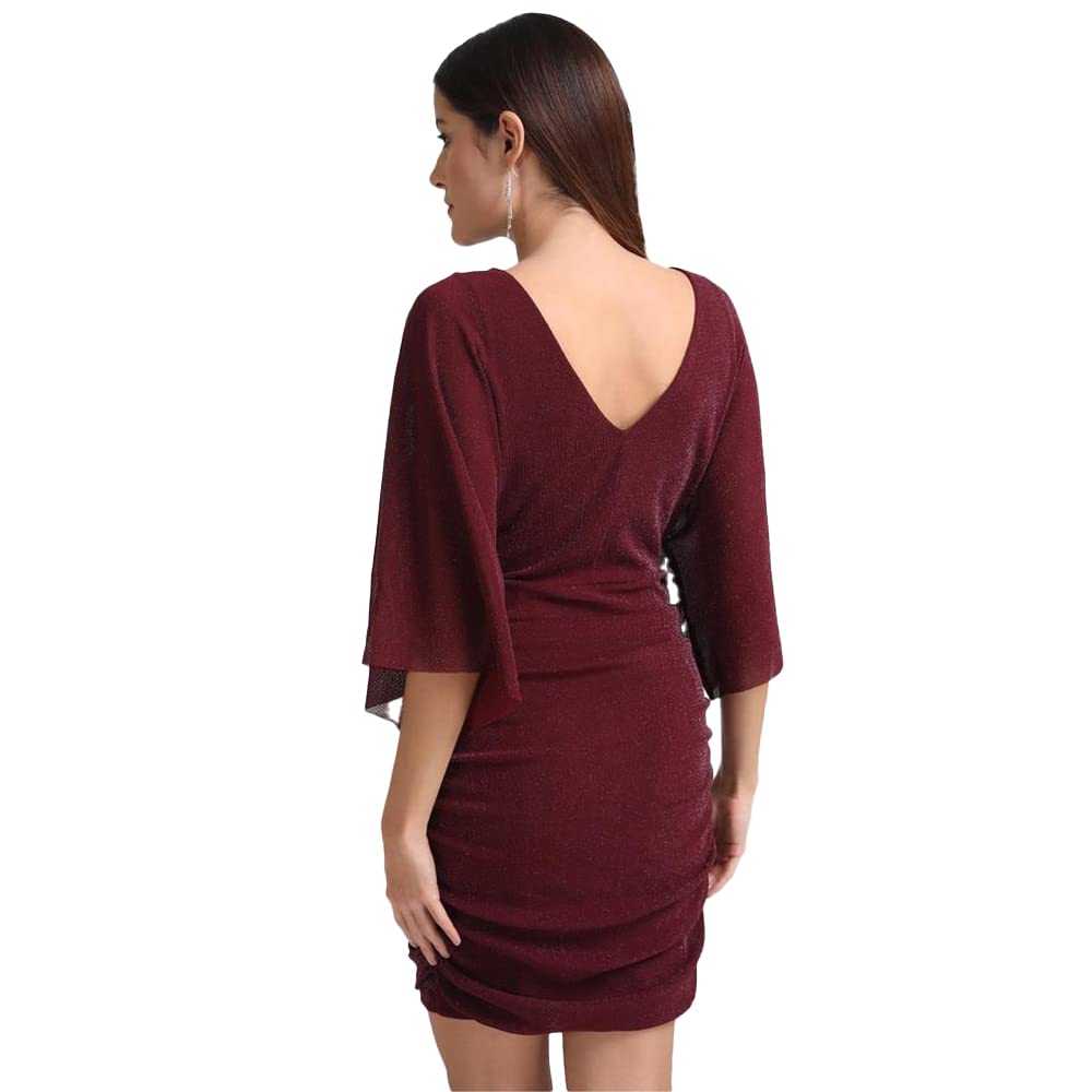Kazo Solid Polyester Blend V Neck Women's Mini Dress (Purple,Small)
