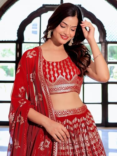Zeel Clothing Women's Sequins Thread Embroidered Georgette Designer Semi-stitched Lehenga Choli Set With Dupatta (5116-Maroon-Wedding-Designer Free Size)