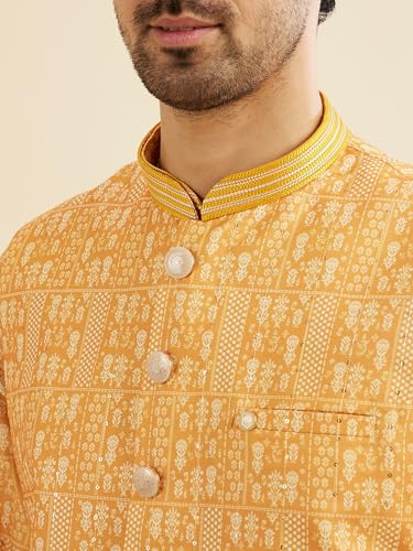 Manyavar Men's Art Silk Printed | Thread Work Kurta Jacket Set (Mustard,L)