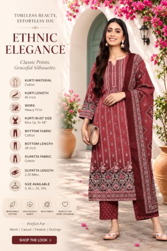 Women's Maroon Printed Cotton Kurta With Pant And Dupatta