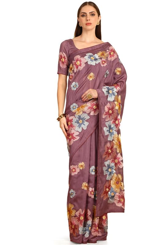Soch Womens Purple Floral Embroidered Tussar Saree