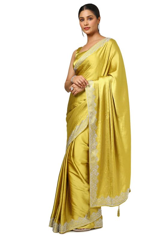 Soch Womens Mustard Satin Embellished Saree With Stone Work