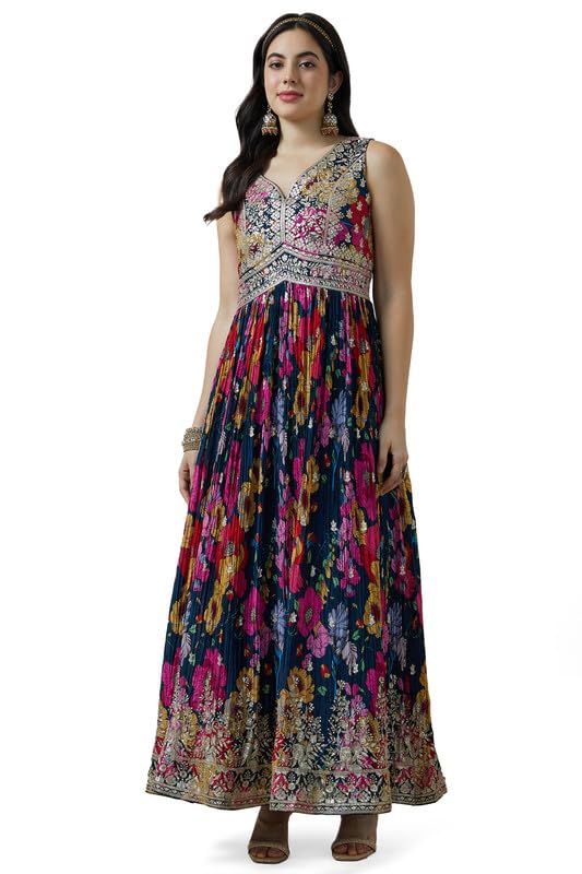 Soch Womens Navy Blue Chinon Blend Botanical Print Alia Cut Gown