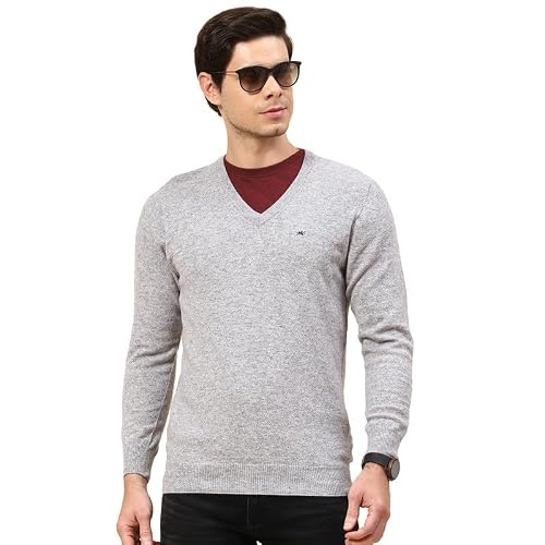 Monte Carlo Lt Grey Mix Solid V Neck Pullover | Warm Woolen Pullover for Men | Soft Comfortable Knitted Winter Wear Sweater for Men's