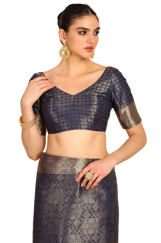 Soch Womens Navy Blue Ethnic Motifs Woven Design Jacquard Weave Silk Blend Saree