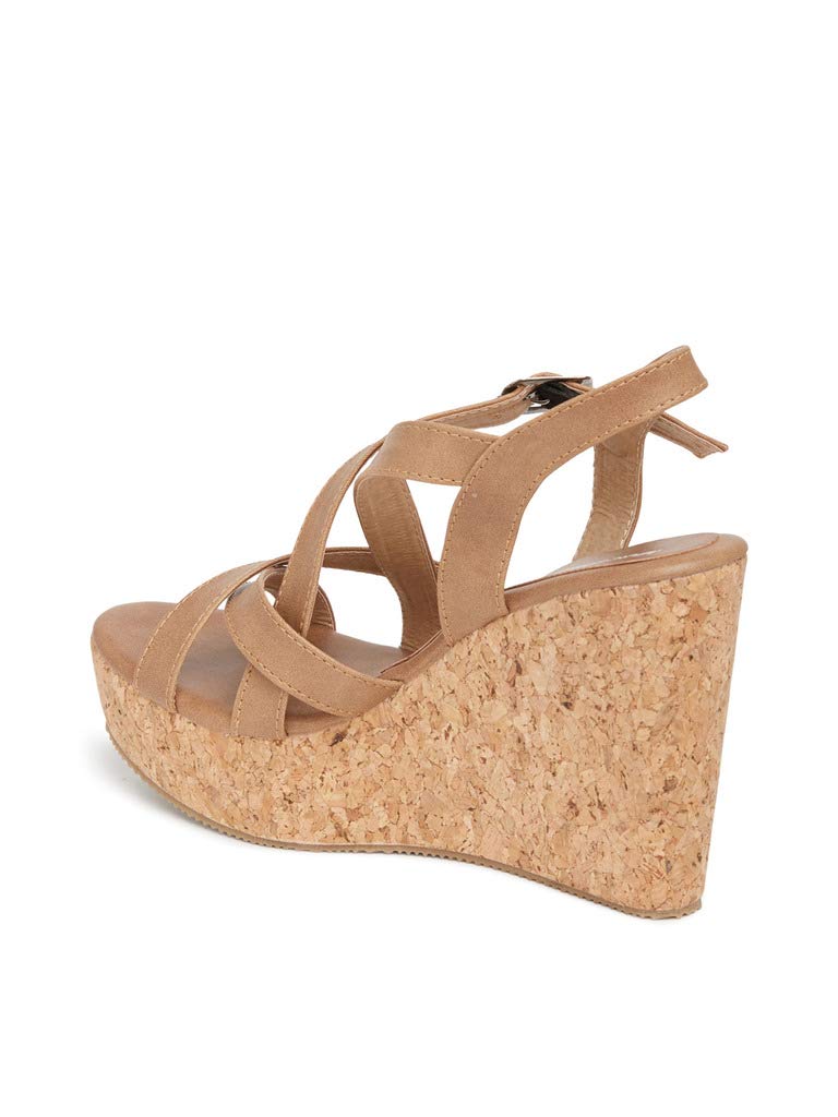 Marc Loire Women's Open Toe Fashion High Heel Buckled Closure Wedges Sandals (Tan, 7)