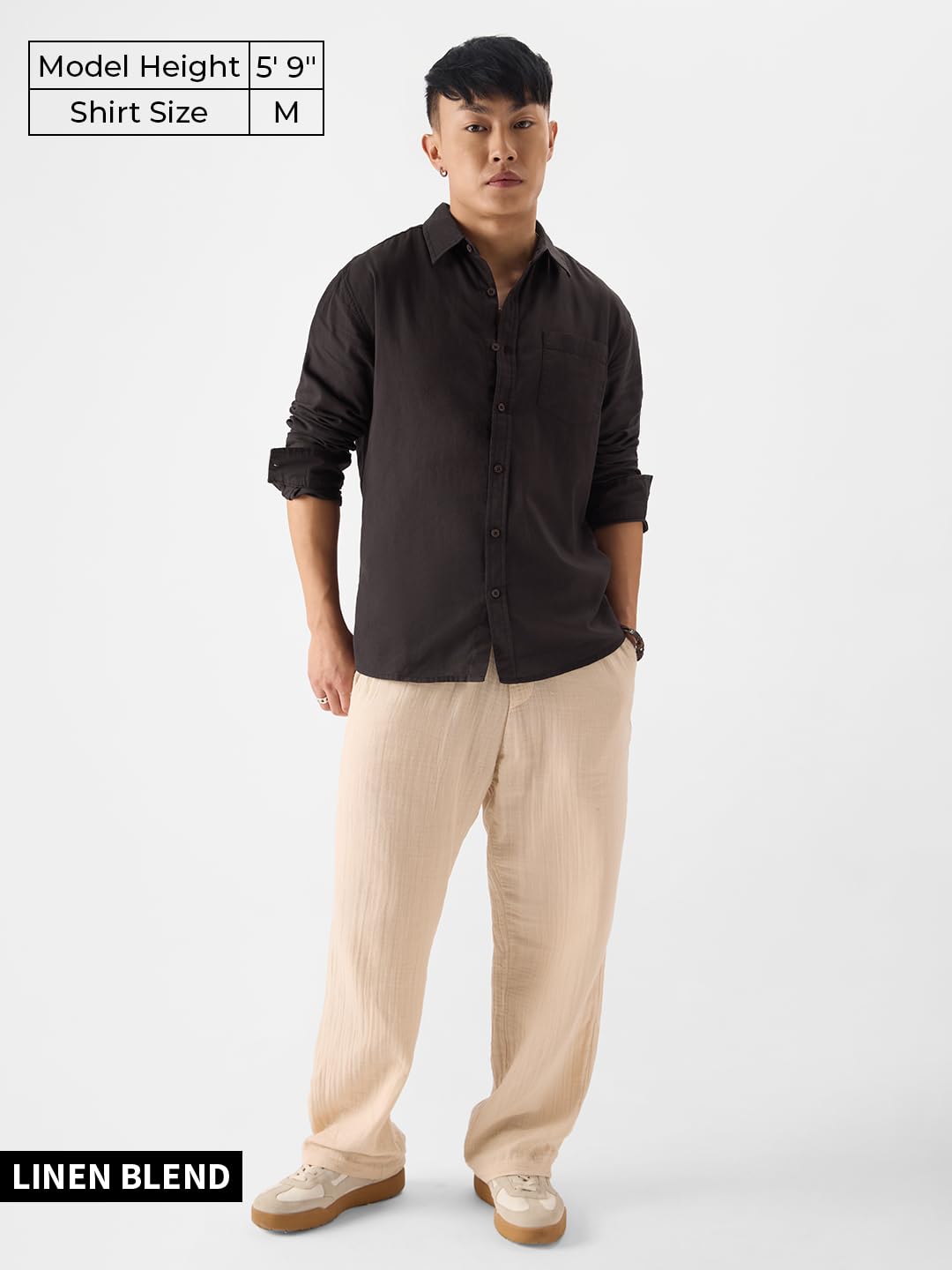 The Souled Store Grey Brown Men and Boys Long Sleeves Collared Neck Button Front Regular Fit Cotton Linen Shirts