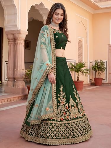 Zeel Clothing Women's Zari, Dori, and Thread Embroidered Work Satin Silk Lehenga Choli With Dupatta (7211-Green-Women-Lehenga-Choli-Latest; Free size)