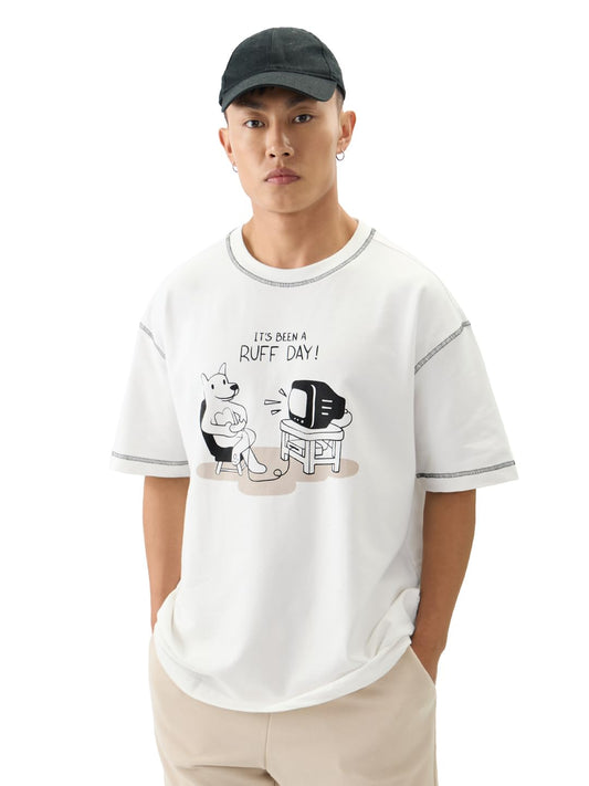 The Souled Store Ted The Stoner: Ruff Day Men and Boys Short Sleeves Round Neck Graphic Printed Cotton Oversized T-Shirts White