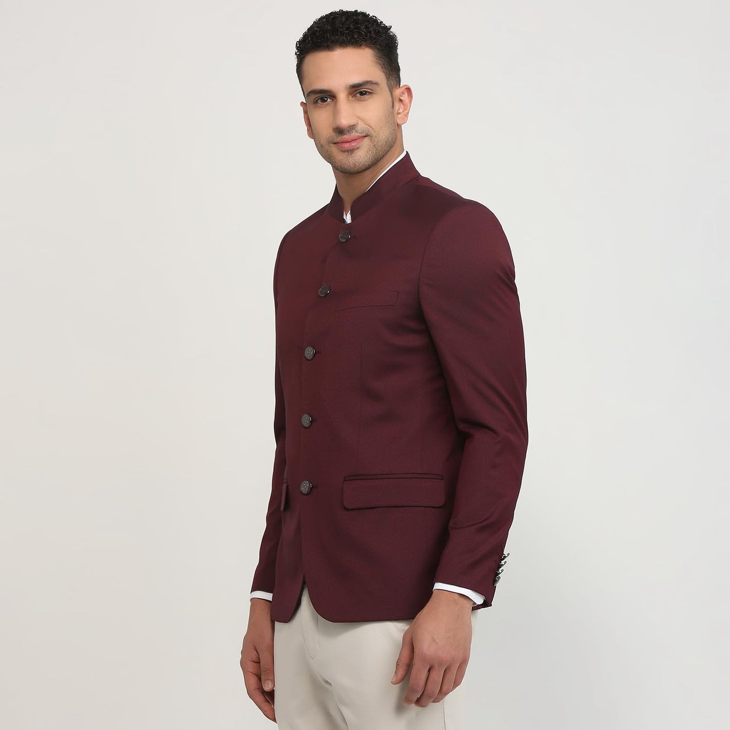 Raymond Men Regular Fit Solid Pattern Terry Rayon Blend Stand Collar Full Sleeve Ceremonial Jacket (Size: 40)-RIJI00129-M7 Dark Maroon