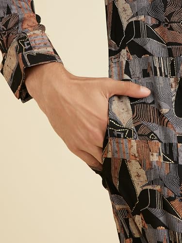 Manyavar Men's Spandex Abstract Metallic Gold Print Kurta(Black,XL)