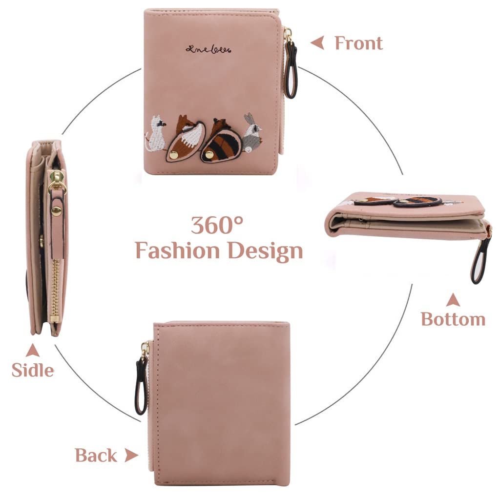 PALAY® Wallets for Women Stylish PU Leather Coins Zipper Pocket Cute Mini Animals Embroidery Short Wallet Card Holder Billfold Purse Wallet Gift for Girls (Pink)