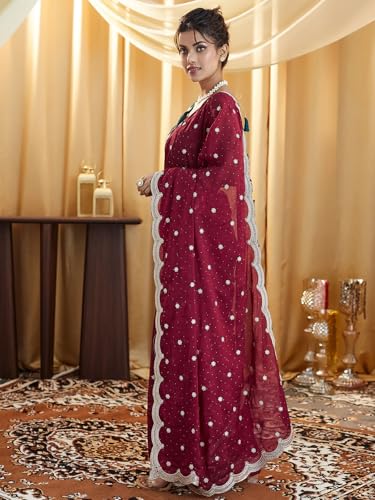 SIRIL Women's Silk Blend Embroidery & Stone Work Saree With Unstitched Blouse Piece (4021S591AA_Maroon)