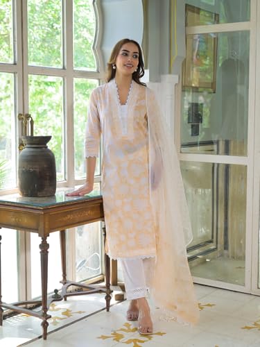 Divena Peach Block Print Cotton Straight Kurta Pant with Dupatta