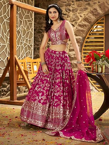 Zeel Clothing Women's Sequins Zari Embroidered Dola Silk Jacquard Lehenga Choli With Dupatta (7100-Women-Lehenga-Choli-Latest, Free size) (Rani Pink)