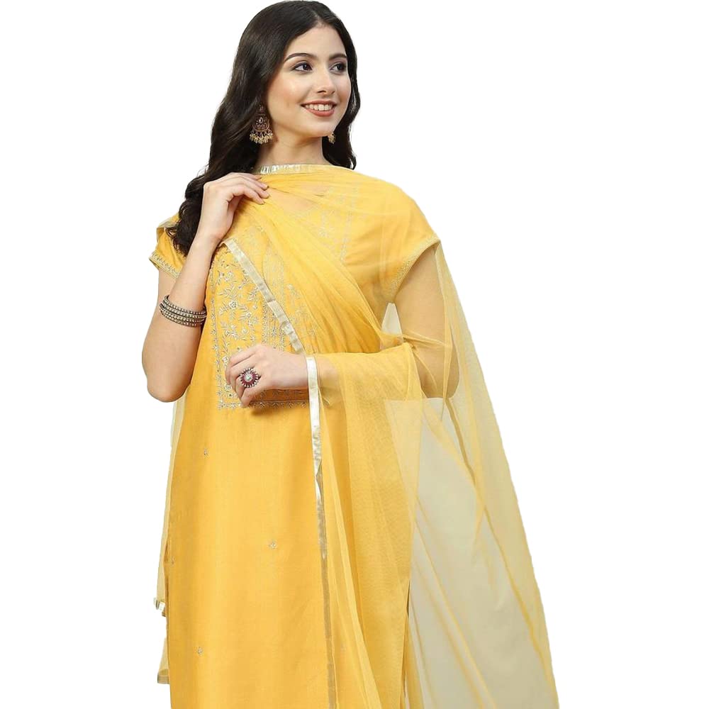 Biba Women Polycotton Printed Narrow Salwar Kurta Dupatta(Skdassorted8331_Mustard_38)