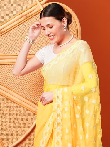 Ada Women Hand Embroidered Lucknowi Chikankari Georgette Saree With Unstitched Blouse Piece A129556, Yellow