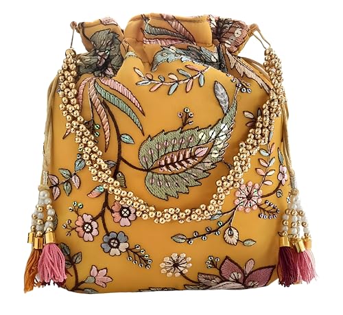 DUCHESS Women's Embroidered Polti Bag with Pearl Handle and Tassel - Bridal Ethnic Traditional Casual Purse/Clutch/Handbag, (21 L X 2 W X 23 H C, Lemon)