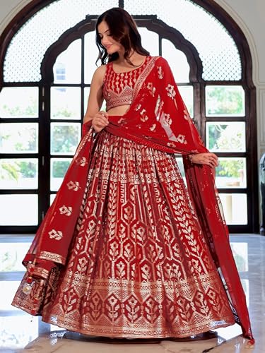 Zeel Clothing Women's Sequins Thread Embroidered Georgette Designer Semi-stitched Lehenga Choli Set With Dupatta (5116-Maroon-Wedding-Designer Free Size)