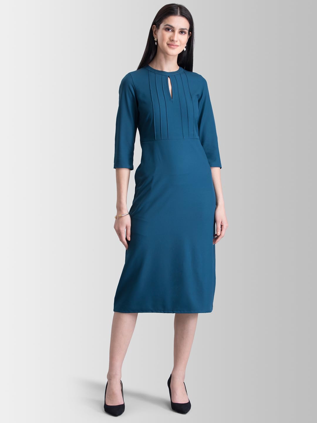 FableStreet Women's Polyester Stylised Neck Pintuck Midi Dress Teal