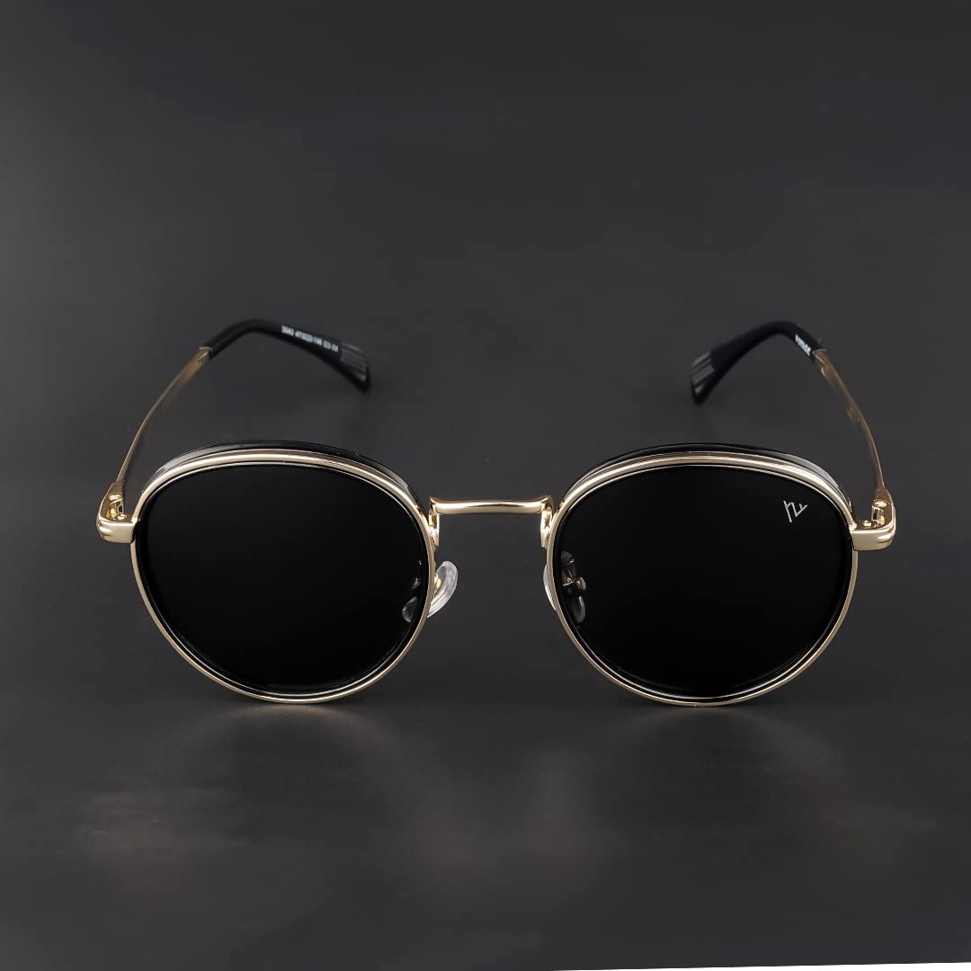 Voyage Black Round Polarized and UV Protected Sunglasses for Men & Women (3040MG3981 | Golden Frame | Black Lens)