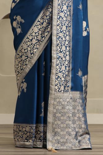 Soch Womens Navy Blue Satin Botanical Zari Woven Saree